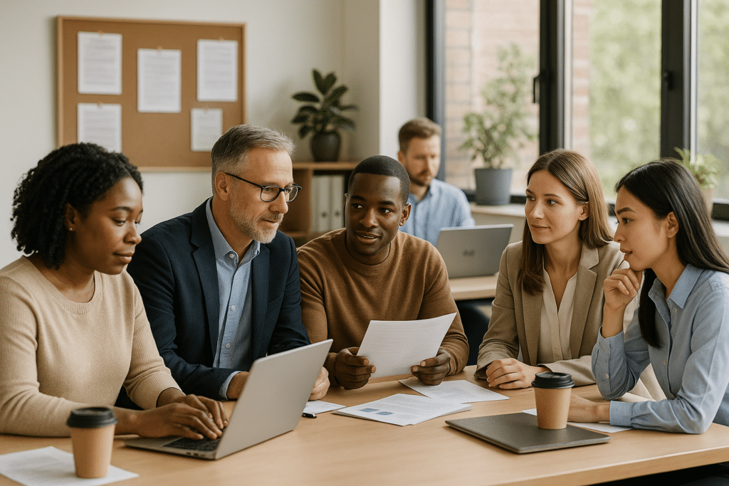 Diverse álláskeresők és tanácsadók tárgyalnak a Jobtain álláskereső portálon.