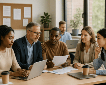 Diverse álláskeresők és tanácsadók tárgyalnak a Jobtain álláskereső portálon.