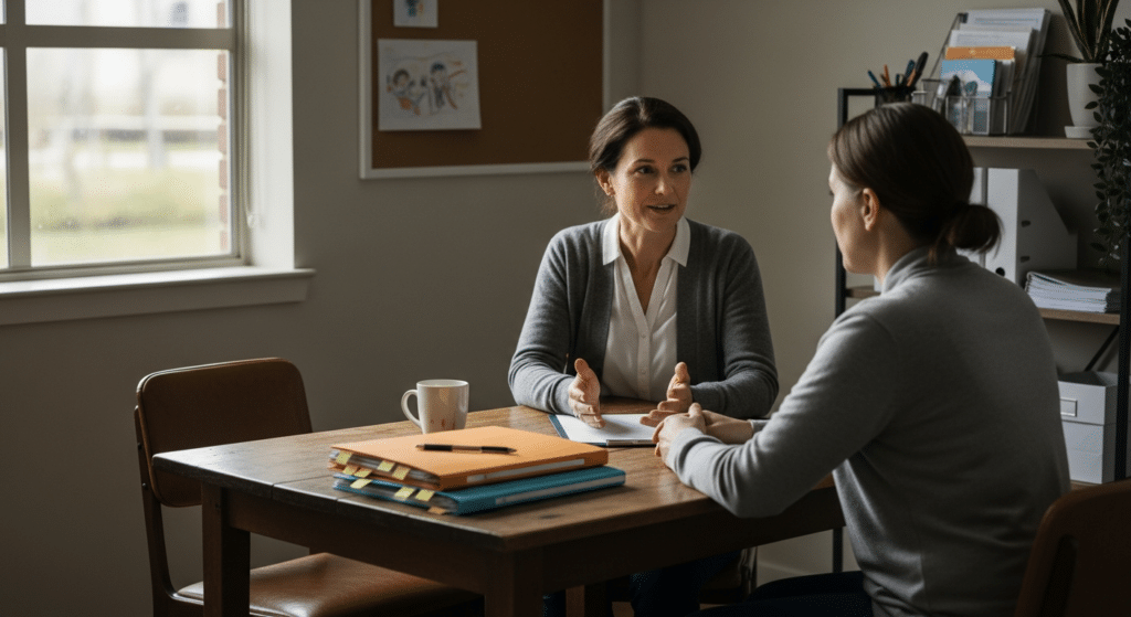 Iskolai tanácsadó és szülő beszélgetése beilleszkedési zavarok támogatásáról