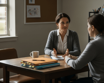 Iskolai tanácsadó és szülő beszélgetése beilleszkedési zavarok támogatásáról
