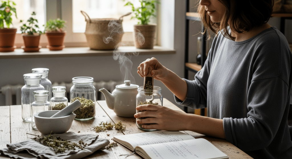 gyógynövényes támogatás: nő teát készít citromfű és réti palástfű keverékből