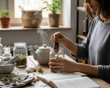 gyógynövényes támogatás: nő teát készít citromfű és réti palástfű keverékből