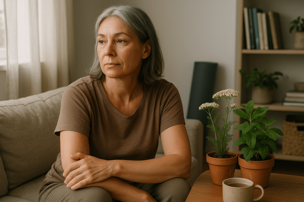 Középkorú nő természetes gyógynövények mellett, klimax kezelése otthon.