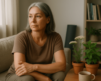 Középkorú nő természetes gyógynövények mellett, klimax kezelése otthon.