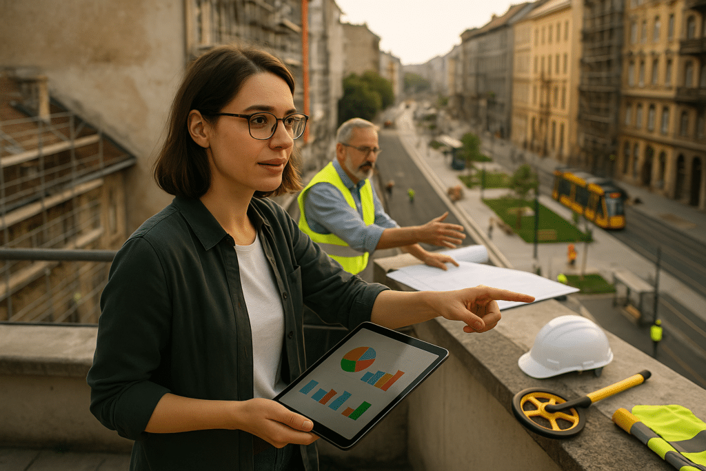 Monitoring a városrehabilitáción: várostervező tabletet tartva tetőn, háttérben épülő utca