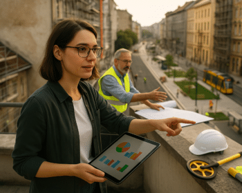 Monitoring a városrehabilitáción: várostervező tabletet tartva tetőn, háttérben épülő utca