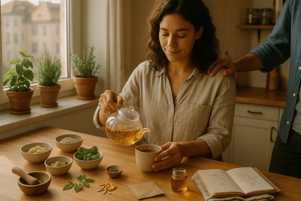 Nő teát önt napfényes konyhában, partner kézzel a vállán — termékenység támogatása gyógynövényekkel