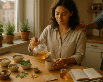 Nő teát önt napfényes konyhában, partner kézzel a vállán — termékenység támogatása gyógynövényekkel