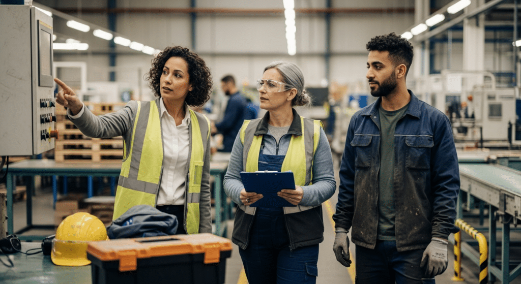 HR képviselő bemutatja a gyártósort kékgalléros munkaerő jelenlétében