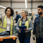 HR képviselő bemutatja a gyártósort kékgalléros munkaerő jelenlétében