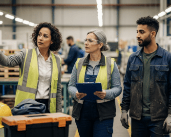 HR képviselő bemutatja a gyártósort kékgalléros munkaerő jelenlétében