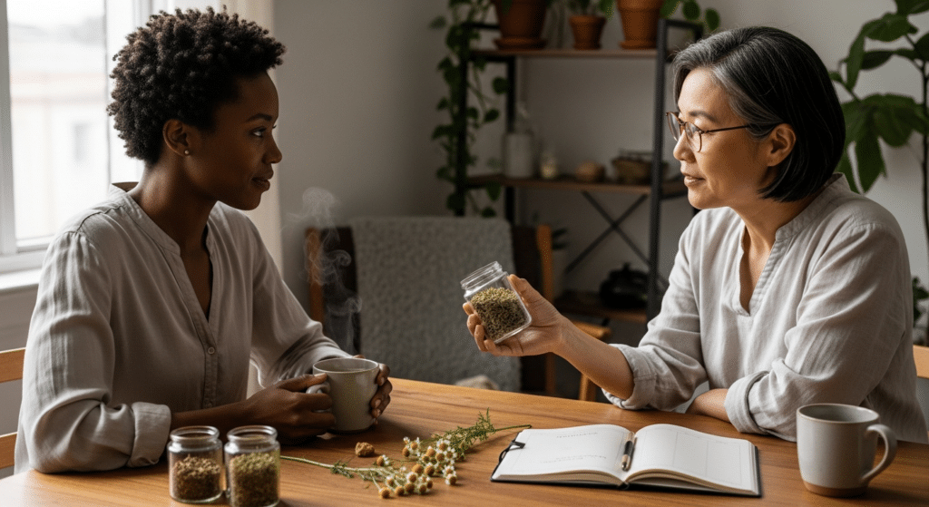 menorrhagia konzultáció: nő teával, gyógynövényes szakember