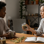 menorrhagia konzultáció: nő teával, gyógynövényes szakember