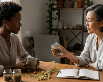 menorrhagia konzultáció: nő teával, gyógynövényes szakember