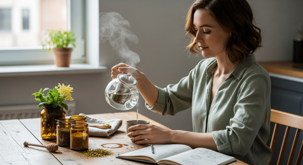 Nő készít gyógynövényes teát pajzsmirigy és menstruációs ciklus egyensúlyhoz.