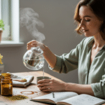 Nő készít gyógynövényes teát pajzsmirigy és menstruációs ciklus egyensúlyhoz.