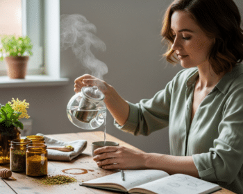 Nő készít gyógynövényes teát pajzsmirigy és menstruációs ciklus egyensúlyhoz.