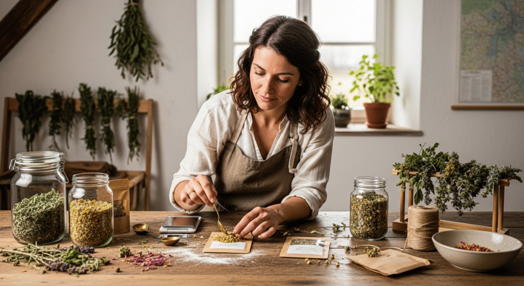 Gyógynövényszakértő prémium teakeveréket készít — nők egészsége