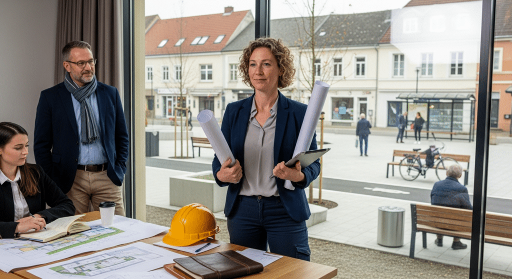 Projektkoordinátor irodában tervekkel — kistérségi fejlesztési projektek városközpont rehabilitációja