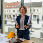 Projektkoordinátor irodában tervekkel — kistérségi fejlesztési projektek városközpont rehabilitációja