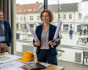 Projektkoordinátor irodában tervekkel — kistérségi fejlesztési projektek városközpont rehabilitációja