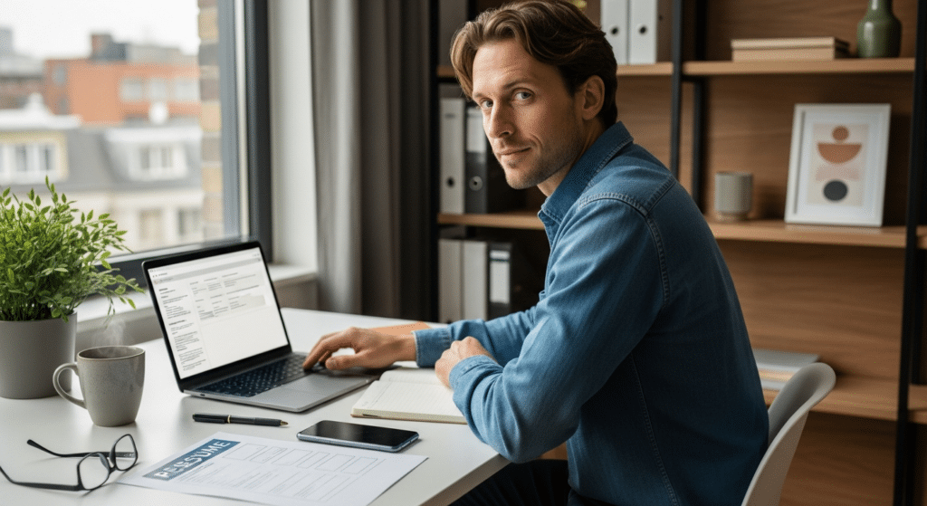 Álláskereső otthoni íróasztalnál online önéletrajz készítő használatával