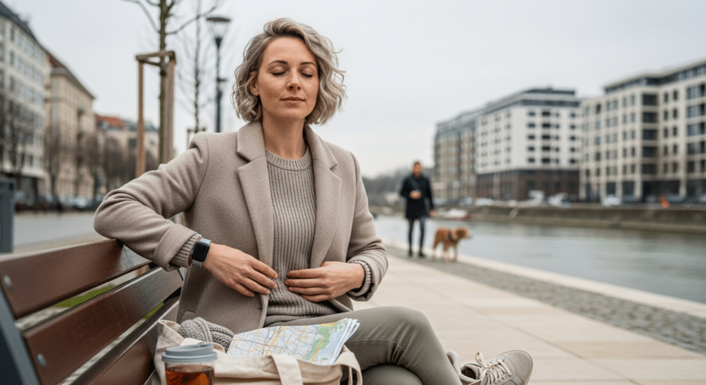 Nő városi padon lassú légzés közben, tea mellett — stressz csökkentése