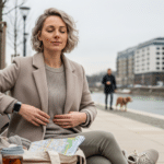 Nő városi padon lassú légzés közben, tea mellett — stressz csökkentése