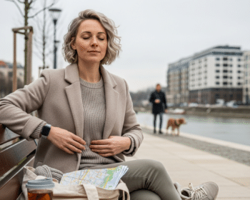 Nő városi padon lassú légzés közben, tea mellett — stressz csökkentése