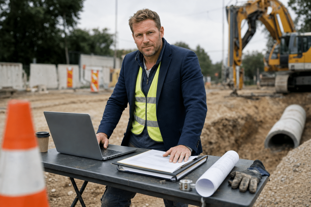a melyepito.hu domain név ára, mélyépítő cégvezető terepen laptopnál terveket néz