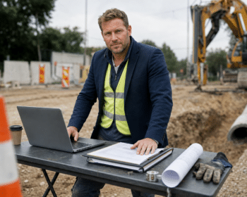 a melyepito.hu domain név ára, mélyépítő cégvezető terepen laptopnál terveket néz