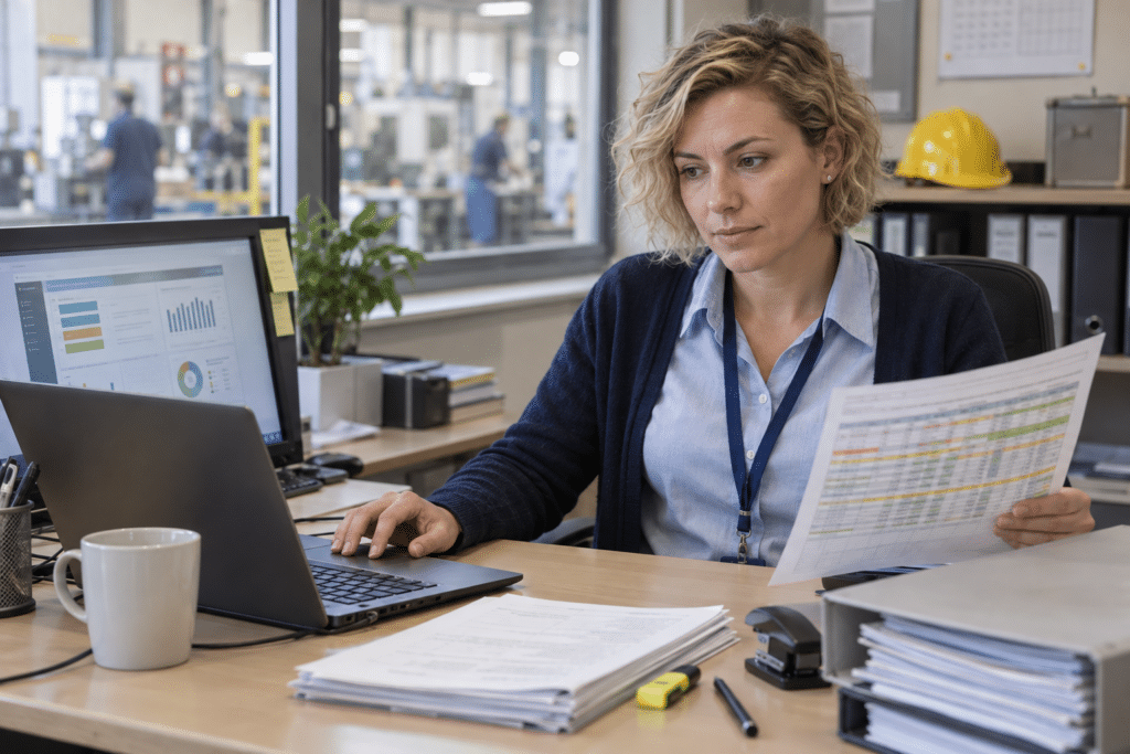 állás munkahelyi szervezés gyártási adminisztrátor laptopnál papírokat ellenőriz